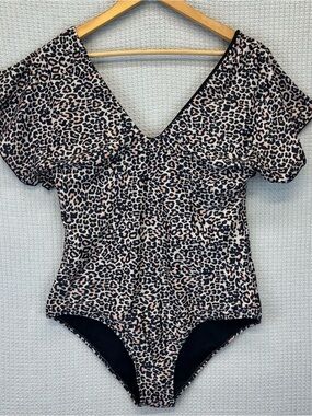 Byinns Leopard Print Scoop Neck Flutter Sleeve One Piece Women’s Swimsuit XL